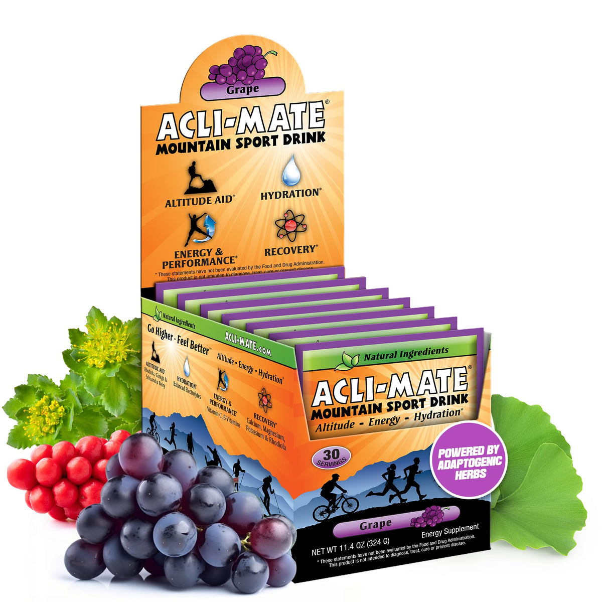 Acli-Mate Mountain Sport Drink Mix - High Altitude Acclimatization Electrolyte Powder Packets (Grape, 30 CT)
