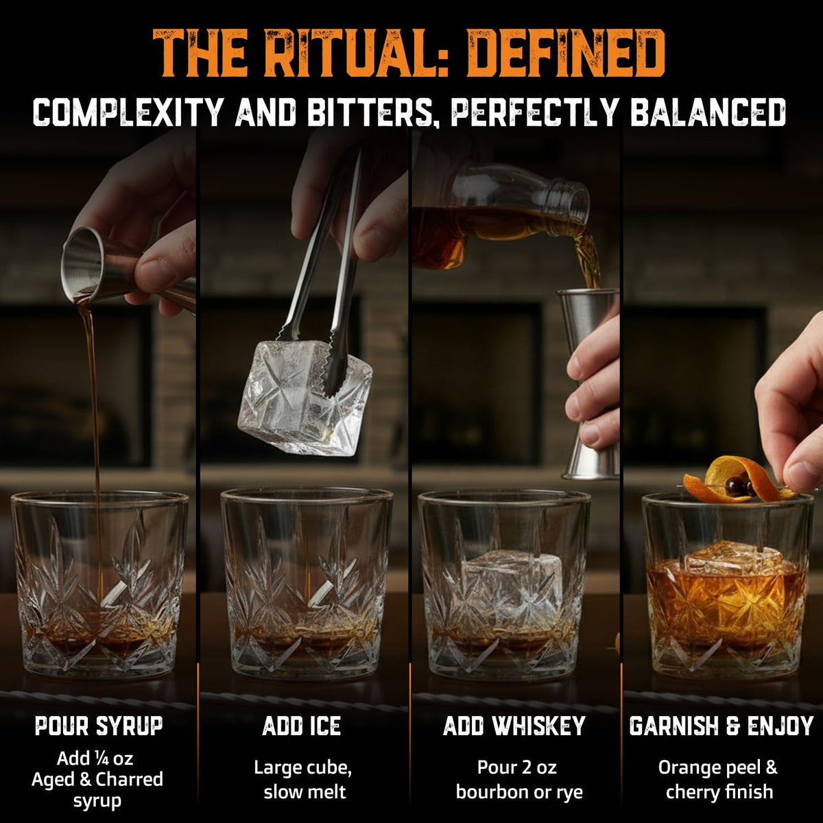 Aged & Charred Old Fashioned Mix Syrup – 32 Cocktails, Handcrafted Bitters & Citrus