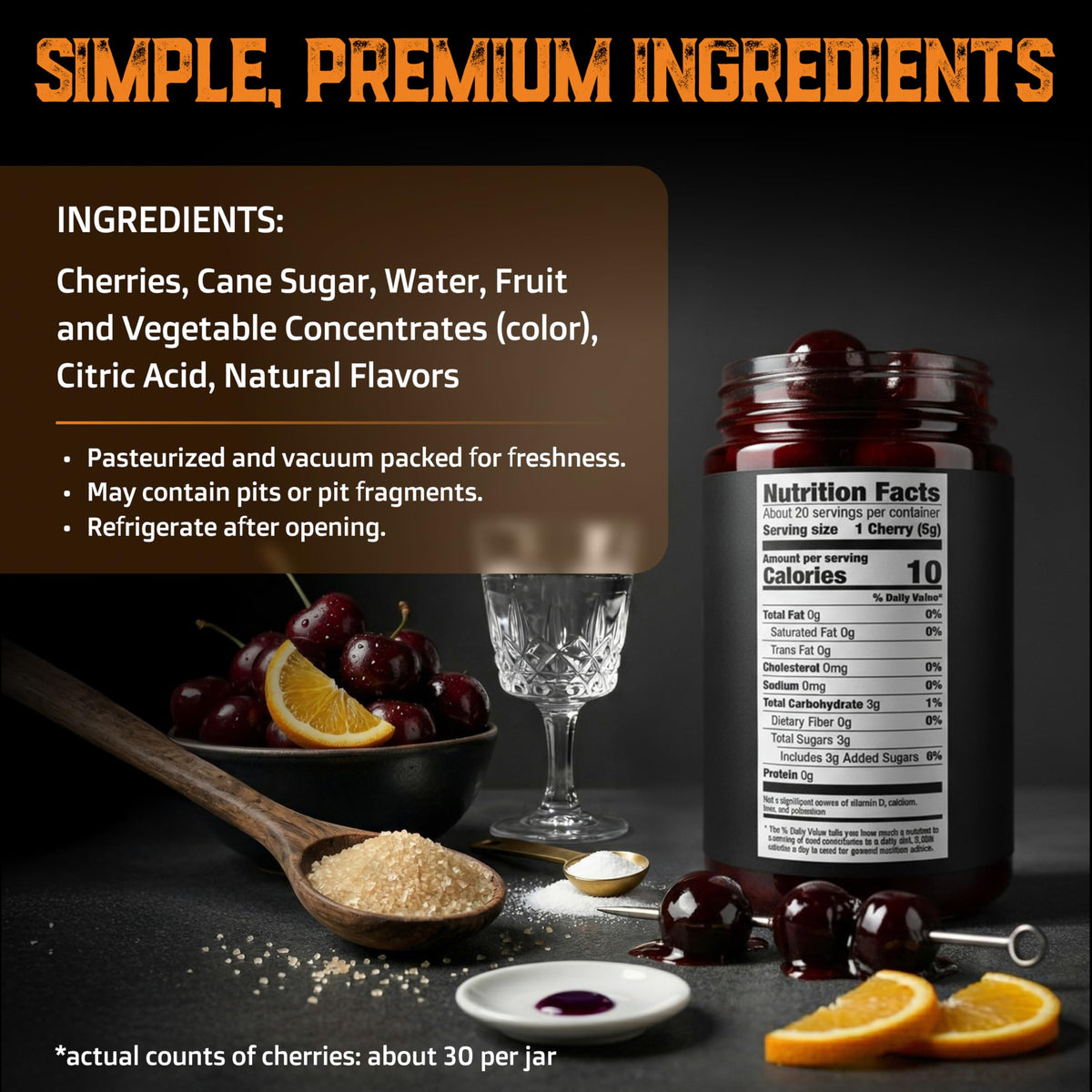 Aged & Charred Cocktail Amarena Cherries in Syrup – 10oz Jar (30+ Cherries) | USA Made