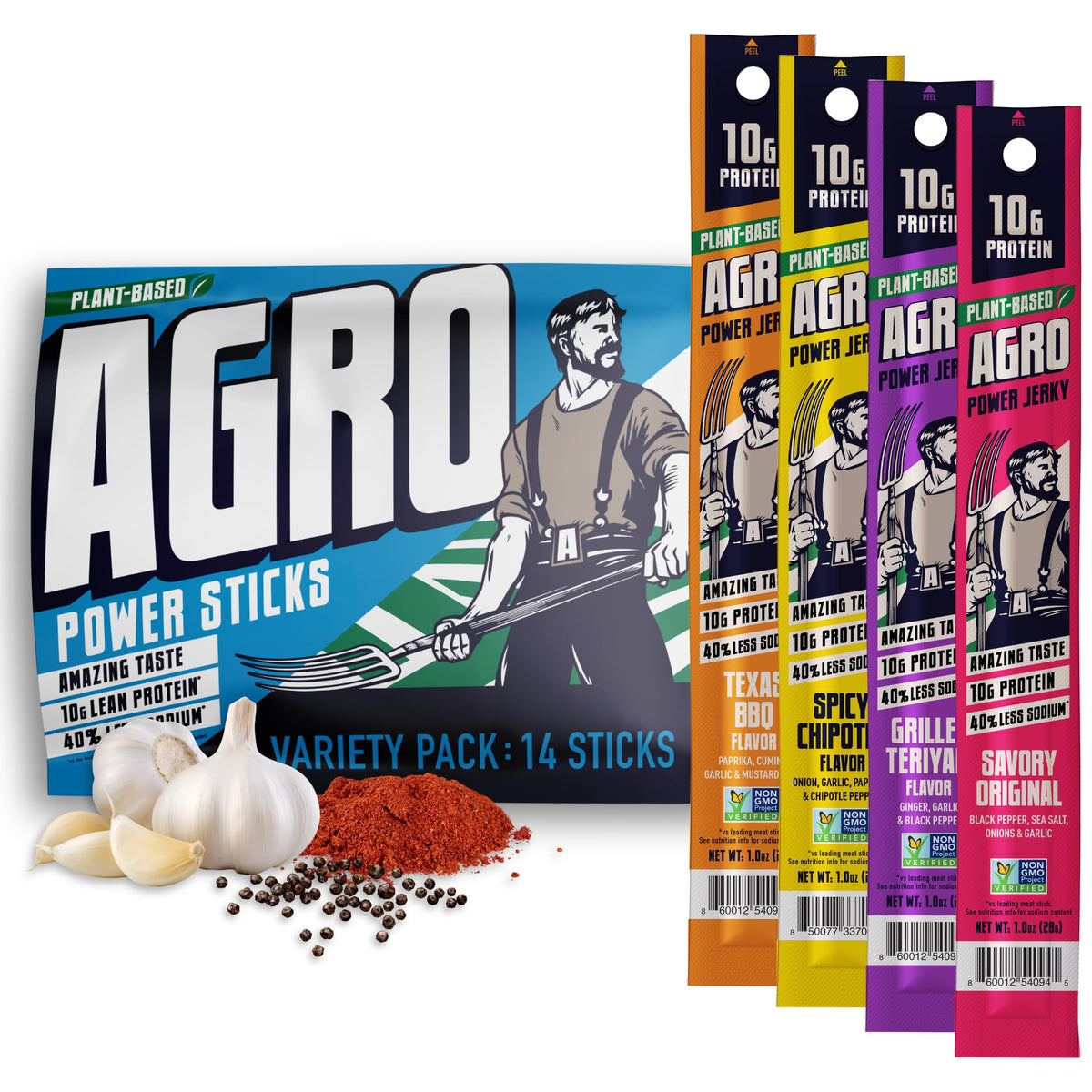 AGRO POWER Vegan Jerky Sticks Variety Pack – 10g Protein per Stick, Non-GMO, 40% Less Sodium