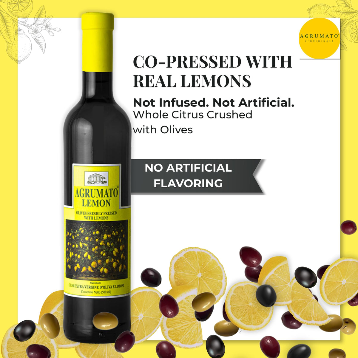Agrumato Lemon Olive Oil - Cold Pressed Italian Extra Virgin with Fresh Citrus Peel, 16.9 Fl Oz
