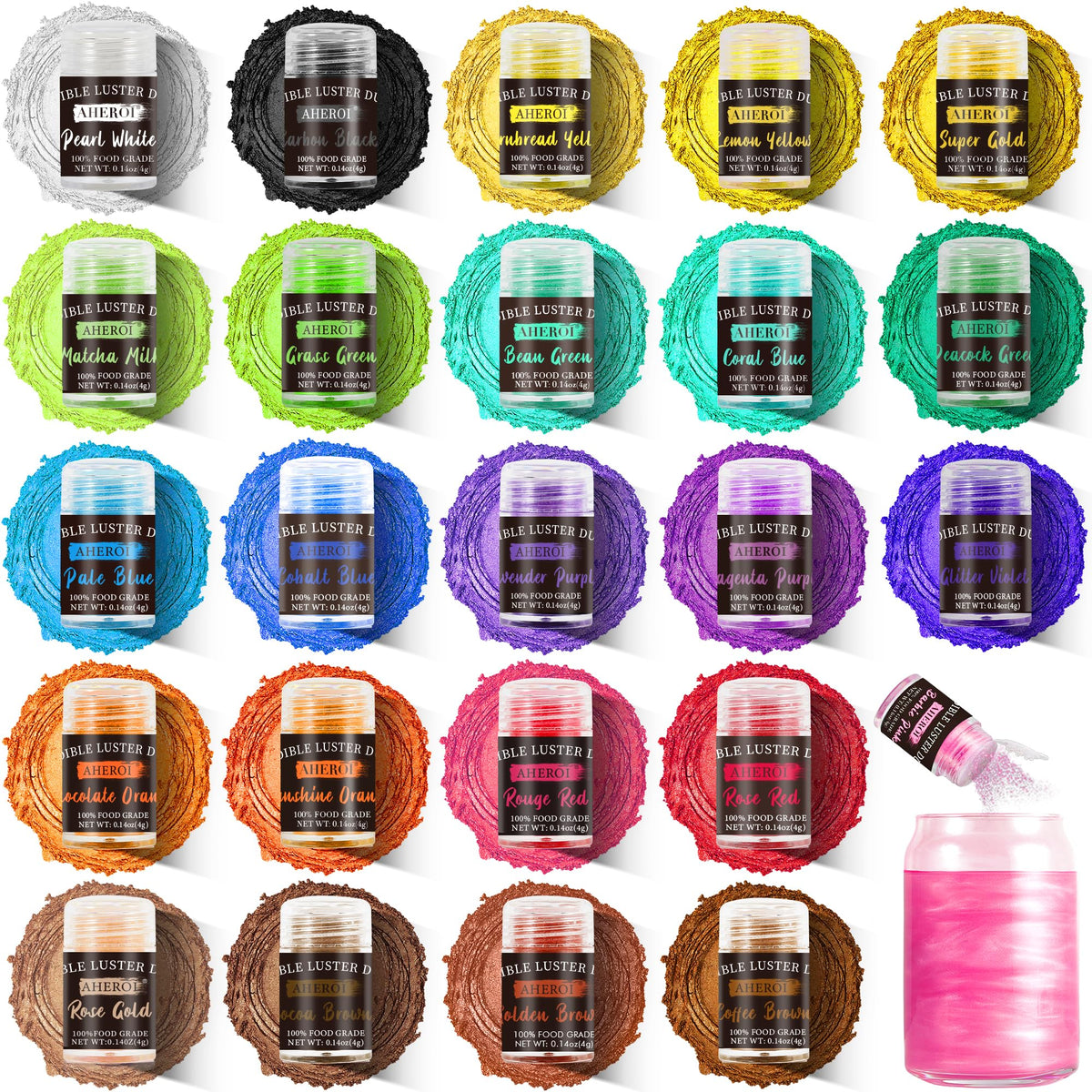 Aheroi Edible Glitter | 24-Color Luster Dust for Cakes, Drinks & Desserts