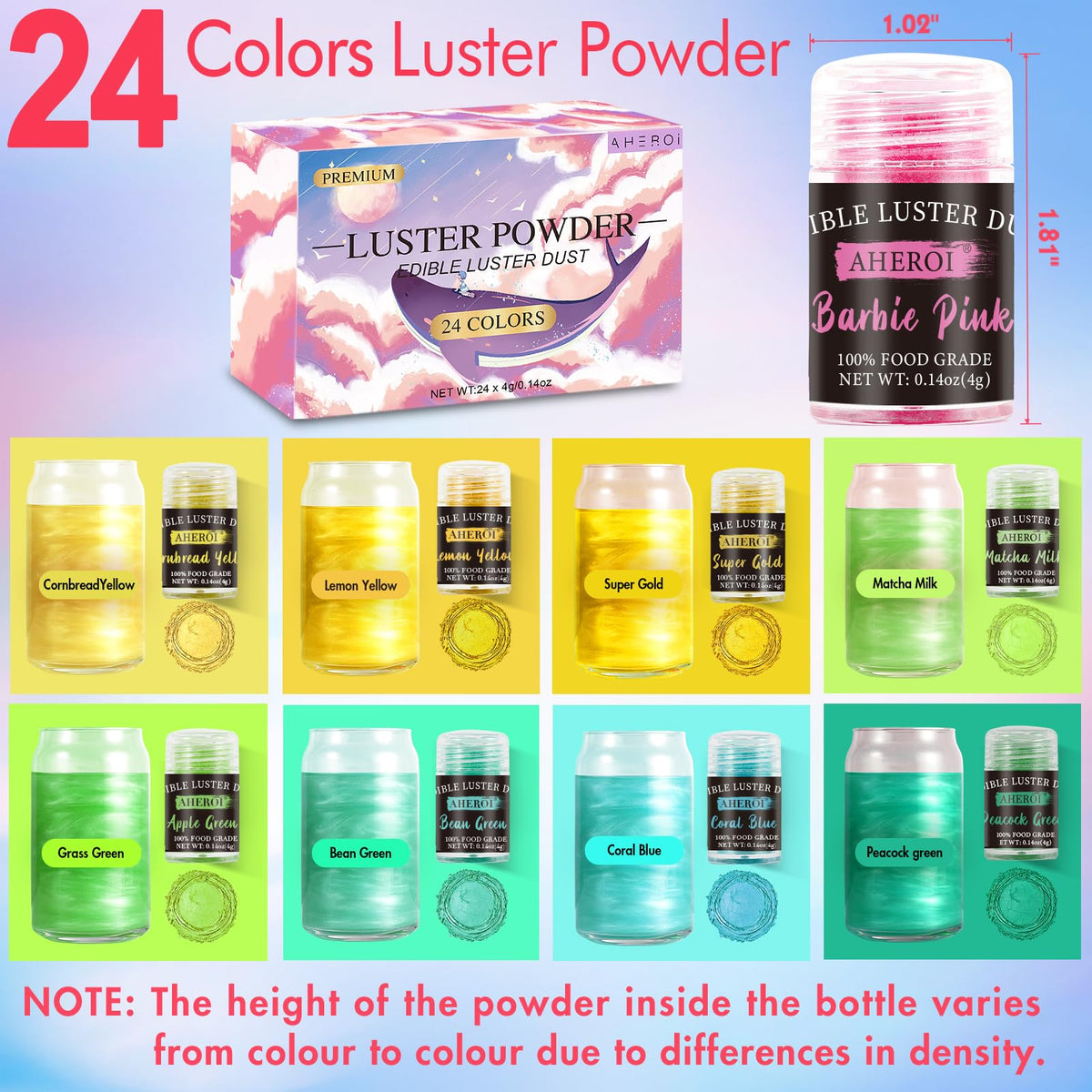 Aheroi Edible Glitter | 24-Color Luster Dust for Cakes, Drinks & Desserts