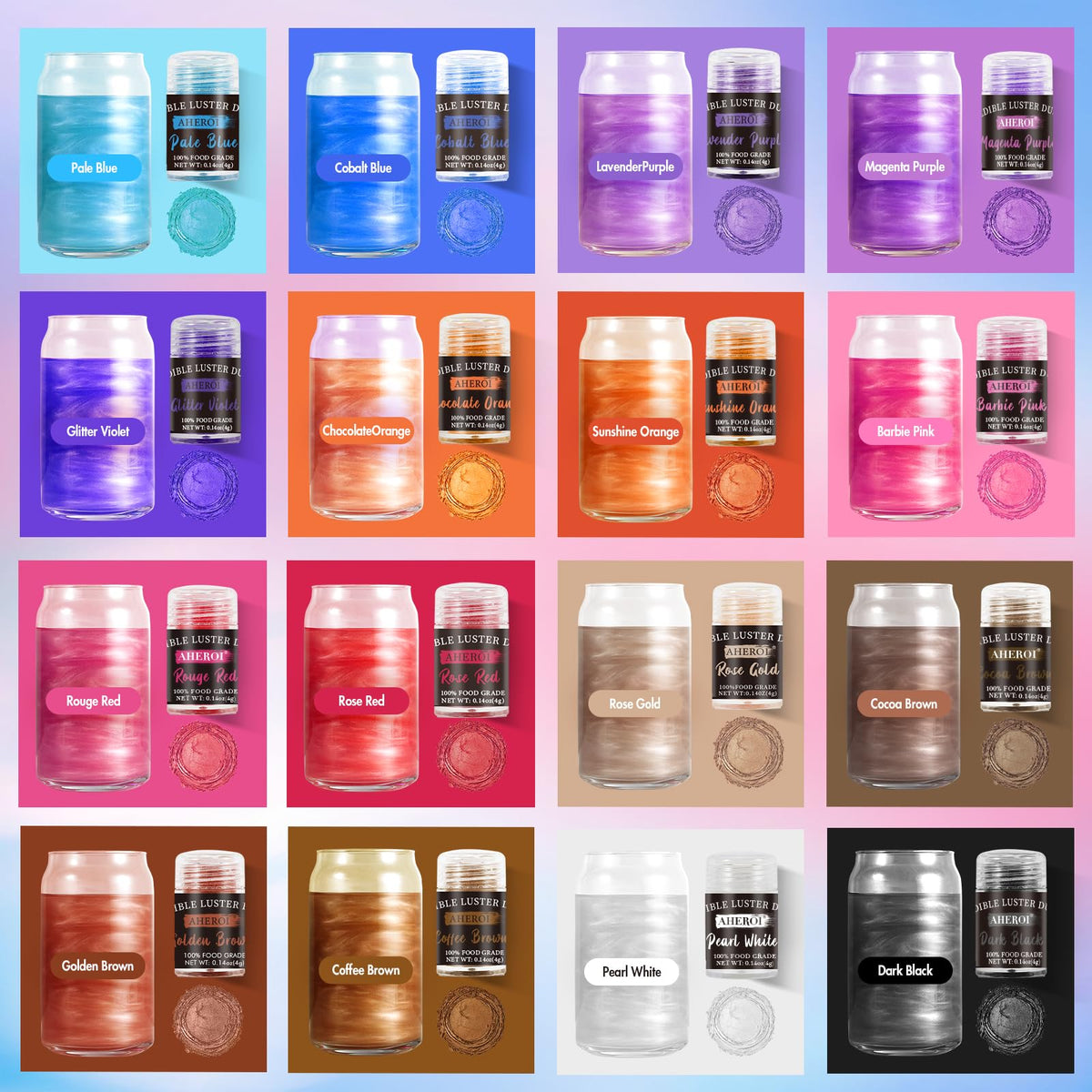 Aheroi Edible Glitter | 24-Color Luster Dust for Cakes, Drinks & Desserts