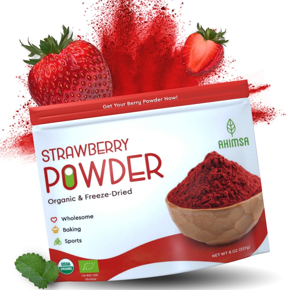 Ahimsa Organic Freeze Dried Strawberry Powder - 8 oz | USDA Organic Certified | Vegan & Gluten-Free