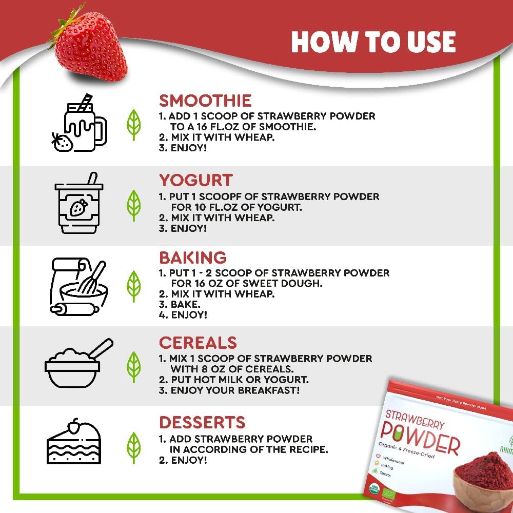 Ahimsa Organic Freeze Dried Strawberry Powder - 8 oz | USDA Organic Certified | Vegan & Gluten-Free