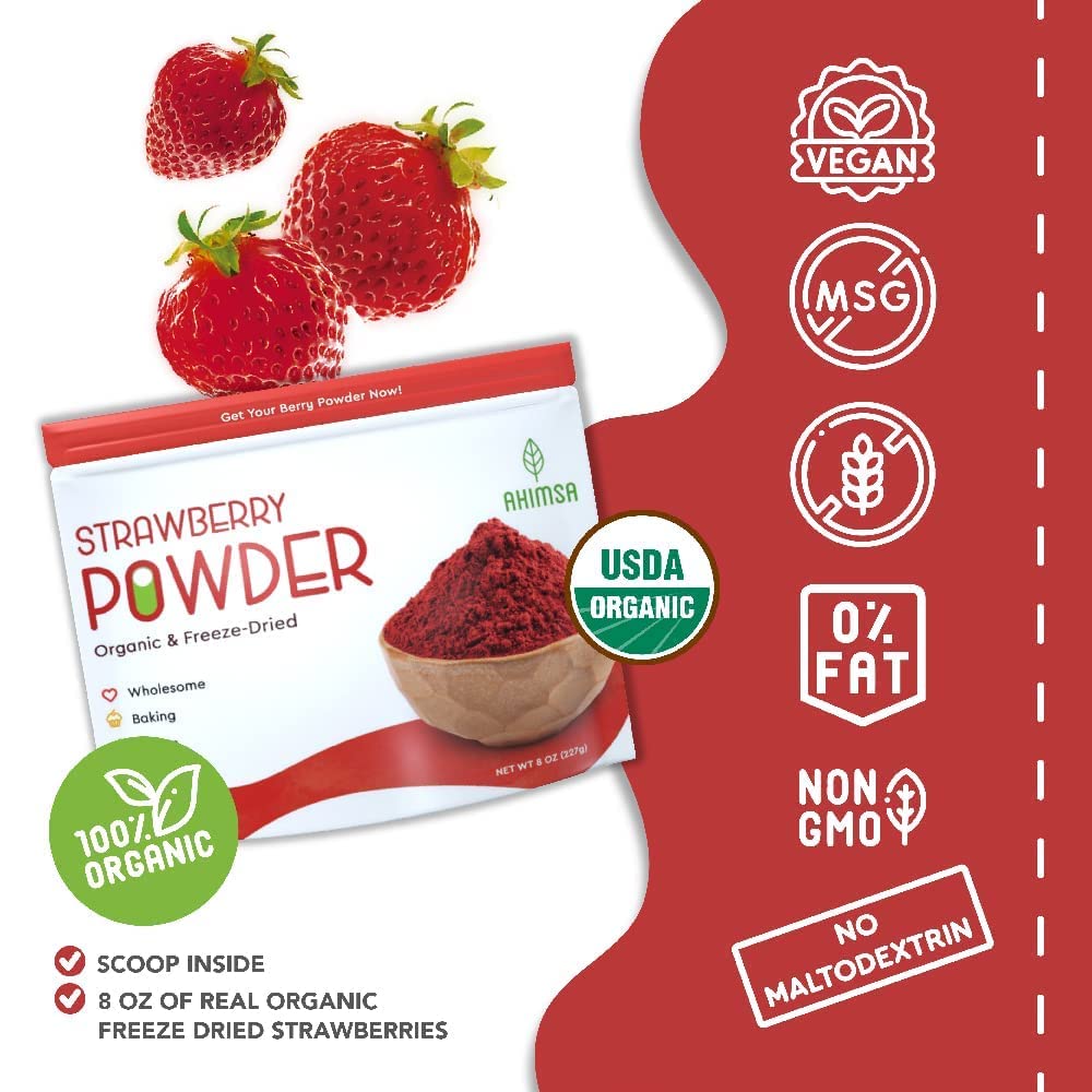 Ahimsa Organic Freeze Dried Strawberry Powder - 8 oz | USDA Organic Certified | Vegan & Gluten-Free