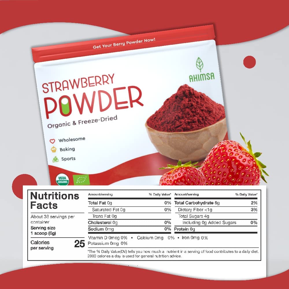 Ahimsa Organic Freeze Dried Strawberry Powder - 8 oz | USDA Organic Certified | Vegan & Gluten-Free