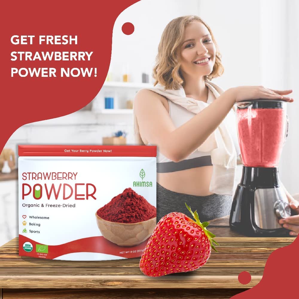 Ahimsa Organic Freeze Dried Strawberry Powder - 8 oz | USDA Organic Certified | Vegan & Gluten-Free