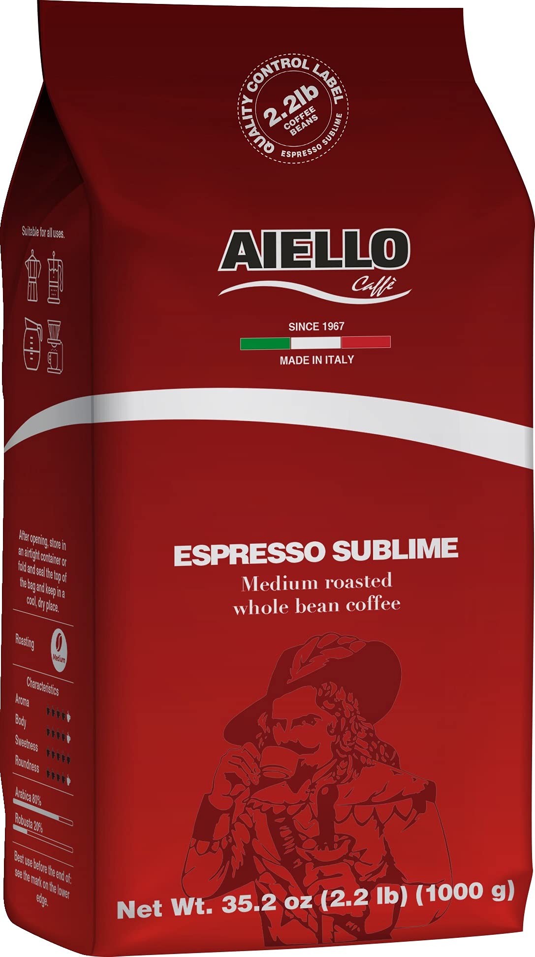 Aiello Caffe Italian Espresso Beans – 2.2 lb Bag | Freshly Roasted Sublime Blend from Southern Italy