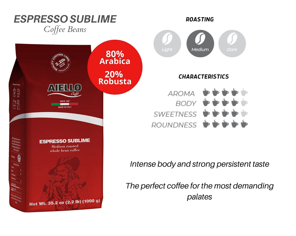 Aiello Caffe Italian Espresso Beans – 2.2 lb Bag | Freshly Roasted Sublime Blend from Southern Italy