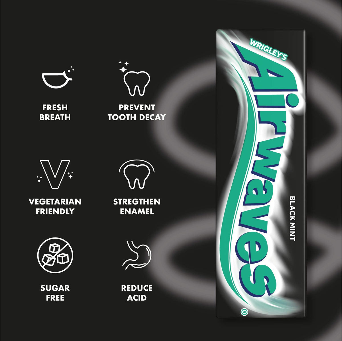 AirWaves Wrigley Black Mint Menthol Sugar Free Gum — 10 Pellets per Pack, Pack of 30