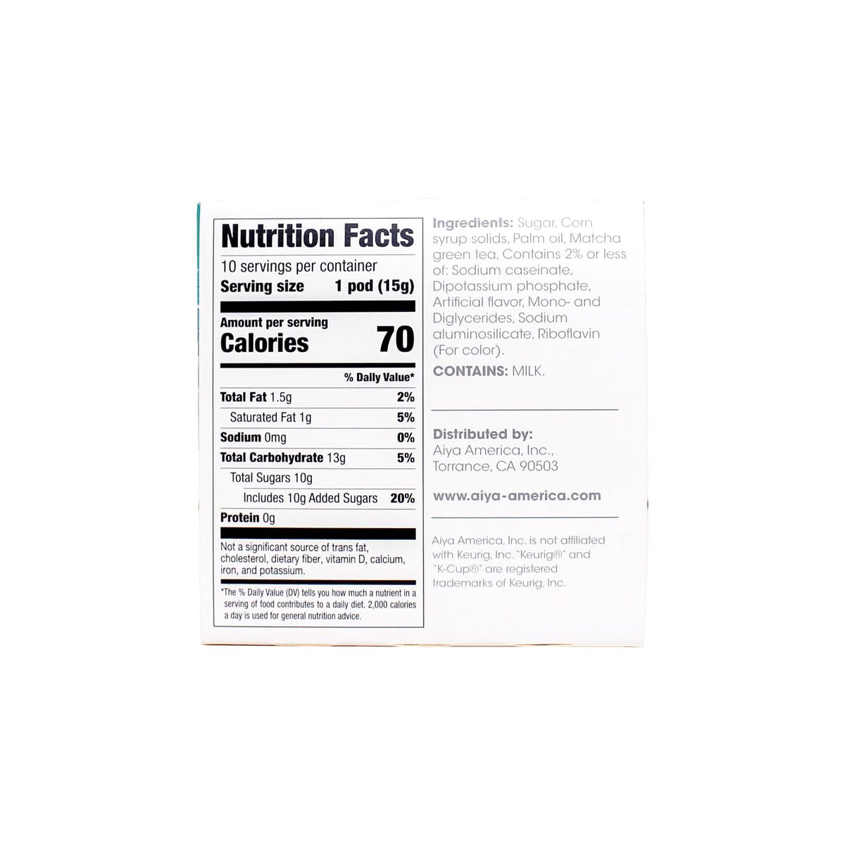 AIYA Creamy Matcha Latte Pods – Sweetened Vanilla, 10-Count, Single-Serve