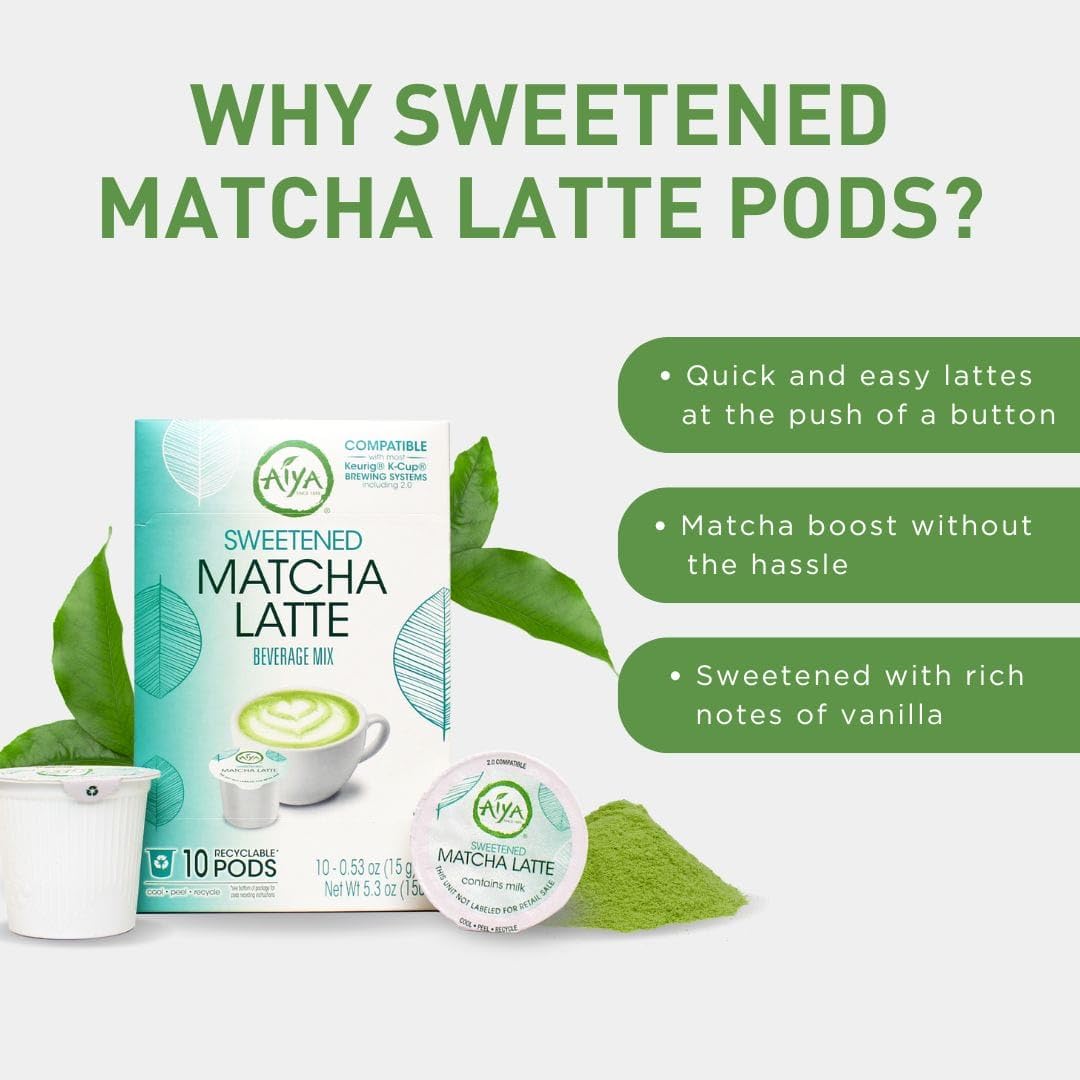 AIYA Creamy Matcha Latte Pods – Sweetened Vanilla, 10-Count, Single-Serve