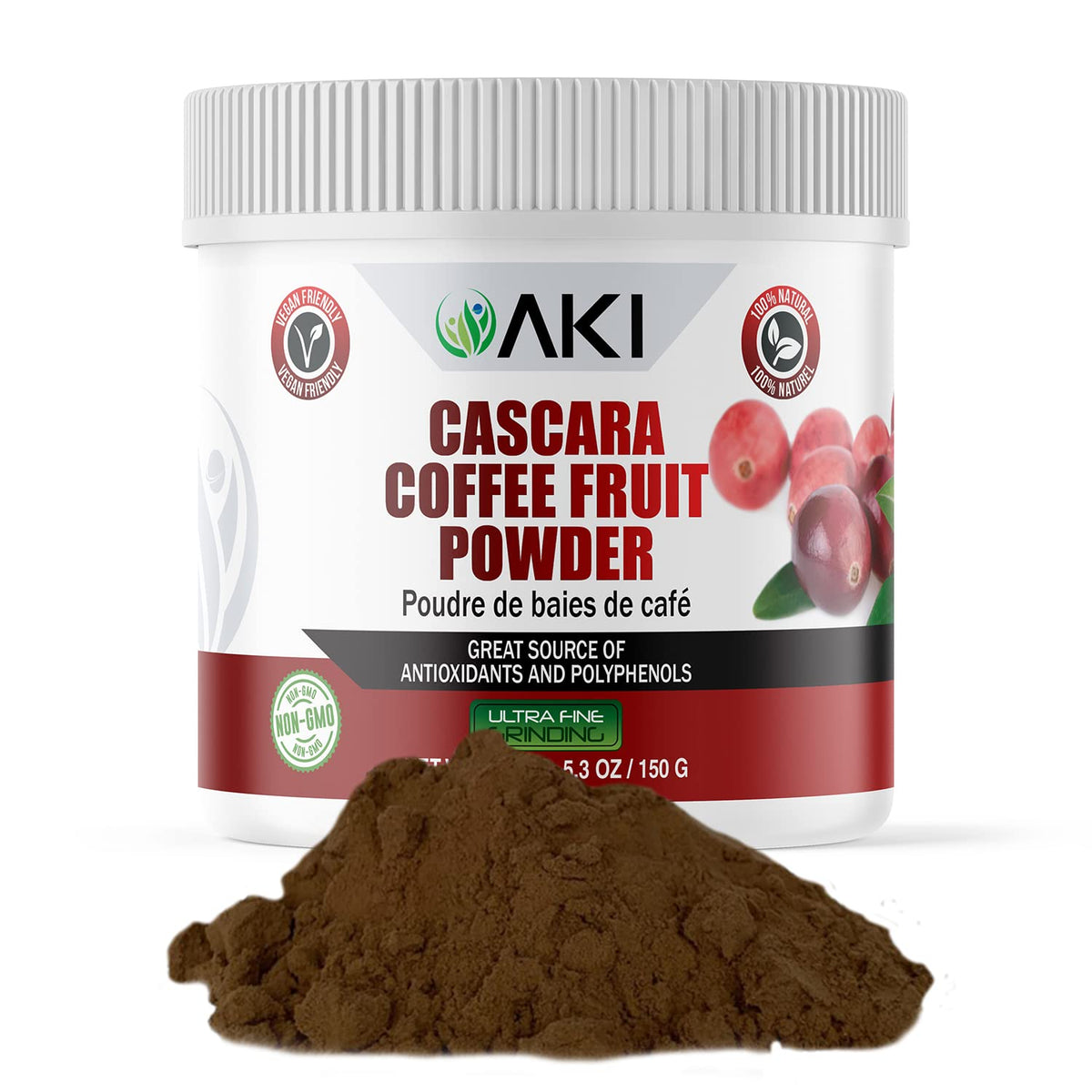 AKI Organic Cascara Coffee Fruit Powder – Antioxidants & Polyphenols | Tea, Smoothies & Baking (Vegan, Non-GMO, Gluten-Free) 5.3oz/150g