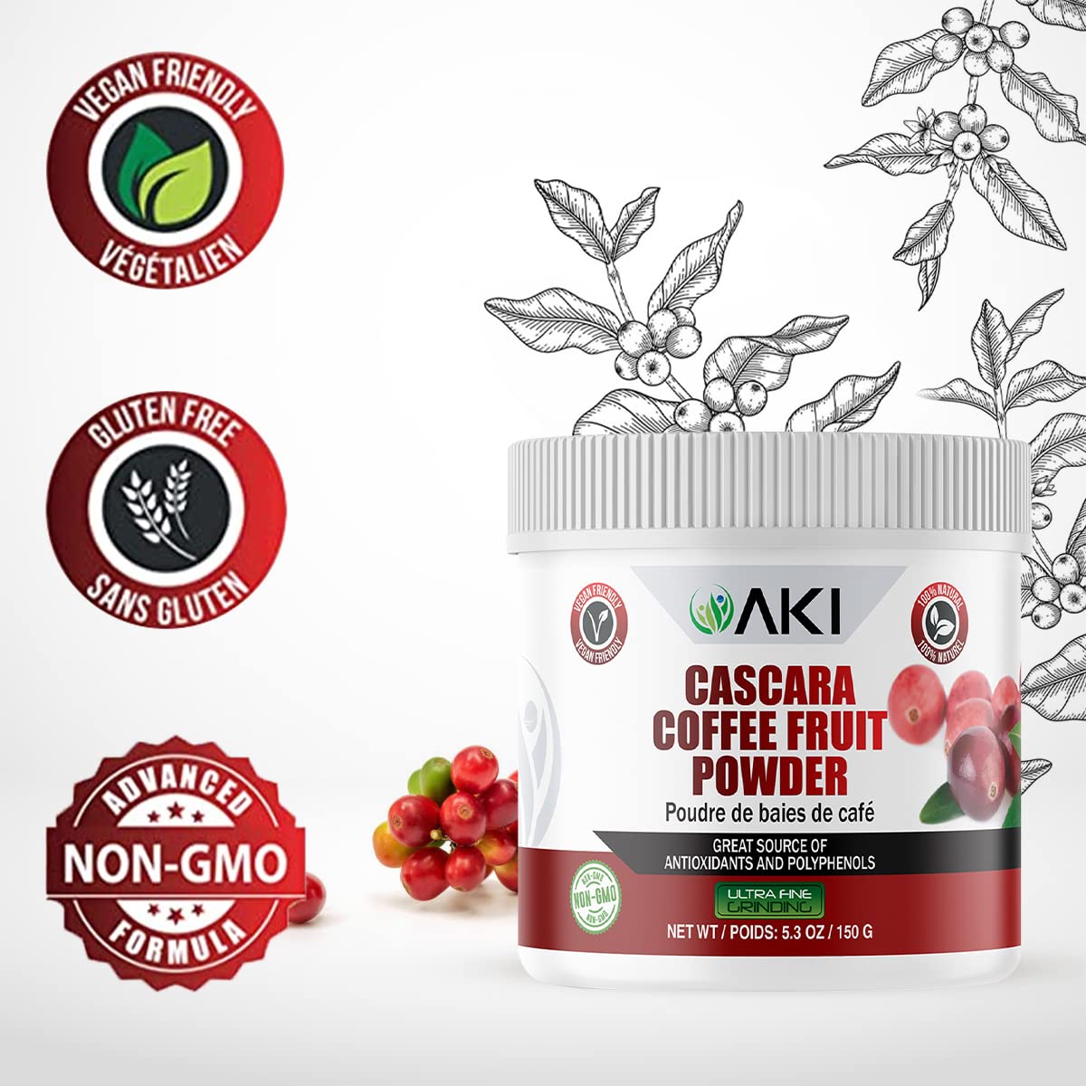 AKI Organic Cascara Coffee Fruit Powder – Antioxidants & Polyphenols | Tea, Smoothies & Baking (Vegan, Non-GMO, Gluten-Free) 5.3oz/150g