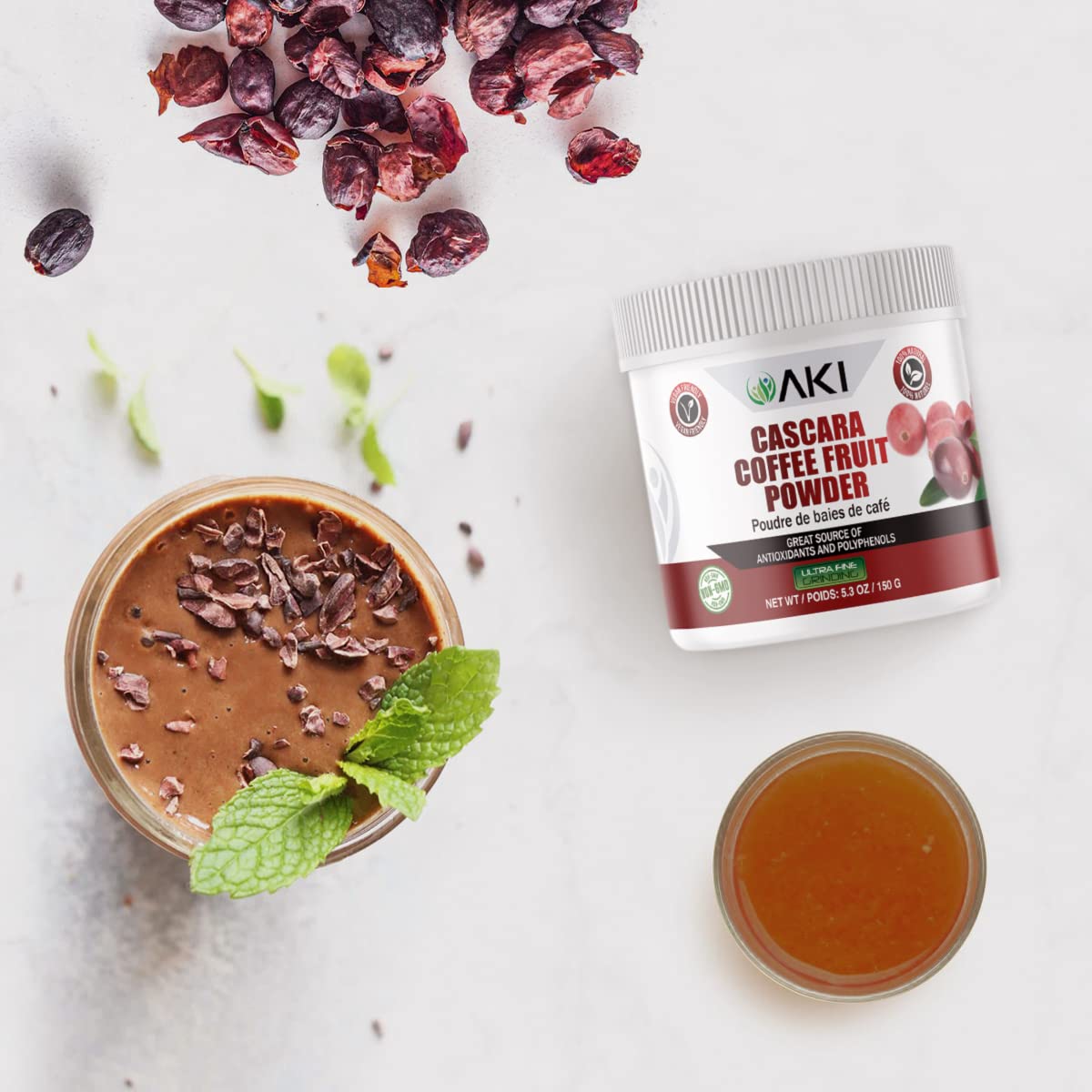 AKI Organic Cascara Coffee Fruit Powder – Antioxidants & Polyphenols | Tea, Smoothies & Baking (Vegan, Non-GMO, Gluten-Free) 5.3oz/150g