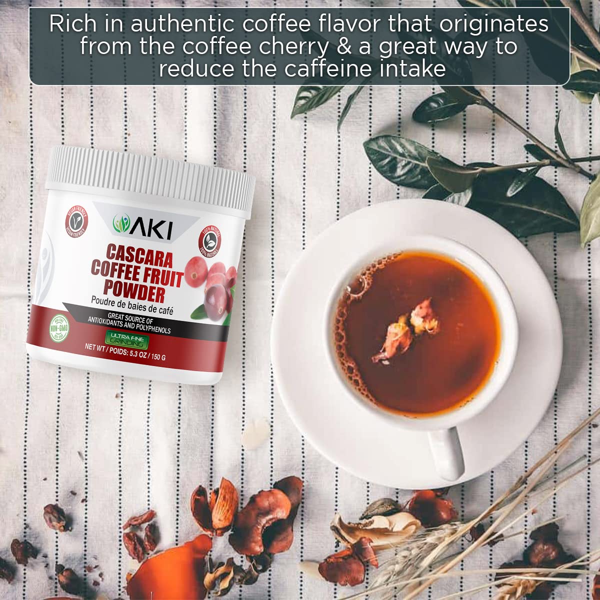 AKI Organic Cascara Coffee Fruit Powder – Antioxidants & Polyphenols | Tea, Smoothies & Baking (Vegan, Non-GMO, Gluten-Free) 5.3oz/150g