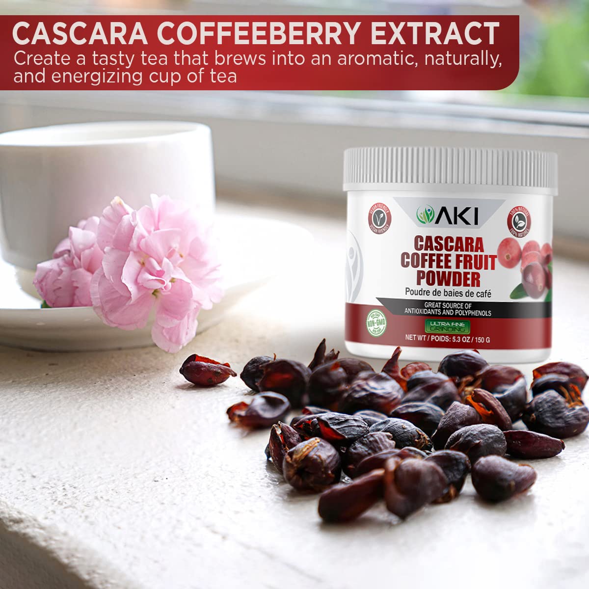 AKI Organic Cascara Coffee Fruit Powder – Antioxidants & Polyphenols | Tea, Smoothies & Baking (Vegan, Non-GMO, Gluten-Free) 5.3oz/150g