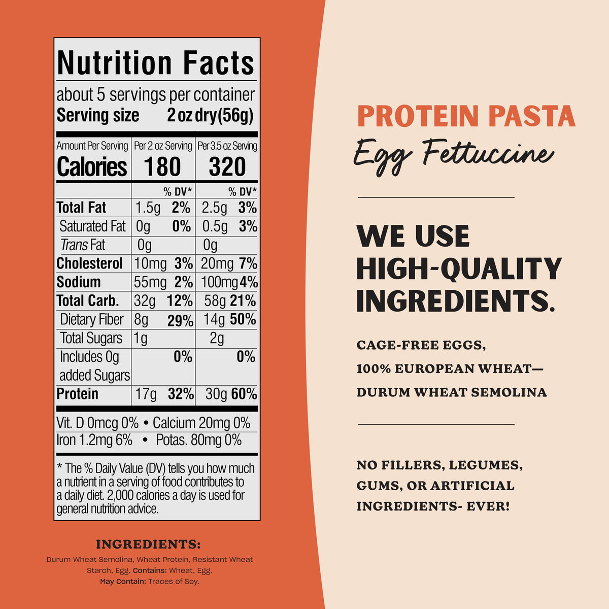 AL DENTE Protein Pasta Egg Fettuccine – 30g Protein per Serving, Lower Carb, Cage-Free Eggs & Semolina, 2 x 10oz