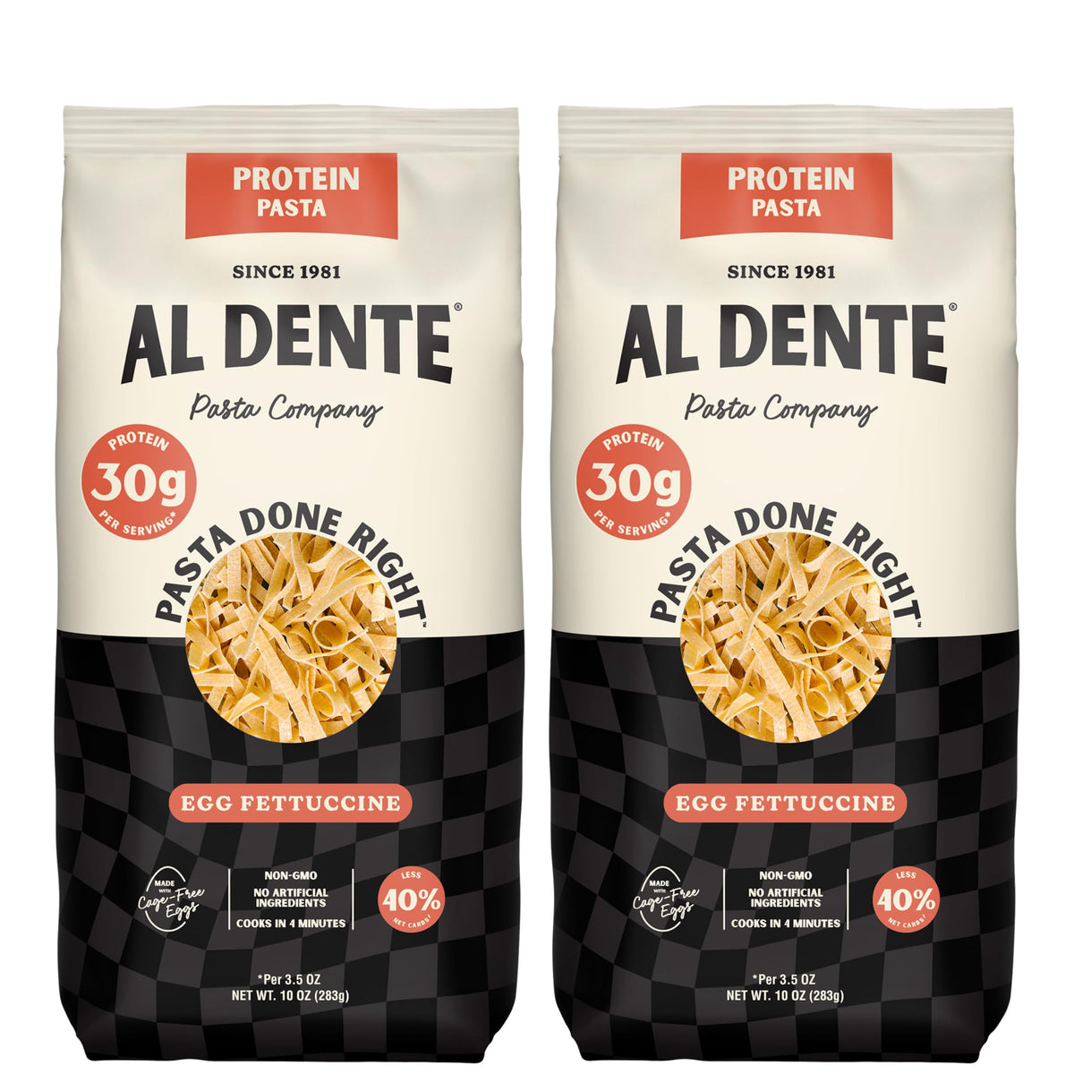 AL DENTE Protein Pasta Egg Fettuccine – 30g Protein per Serving, Lower Carb, Cage-Free Eggs & Semolina, 2 x 10oz