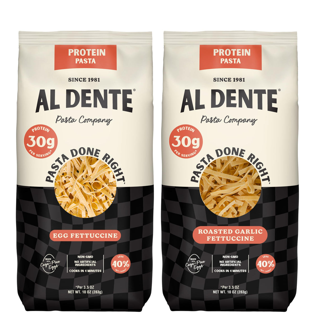 AL DENTE Protein Pasta Egg & Roasted Garlic Fettuccine – 30g Protein, 3.5 oz Serving, Lower Carb, Cage-Free Eggs & Semolina (Pack of 2, 10 oz Bags)