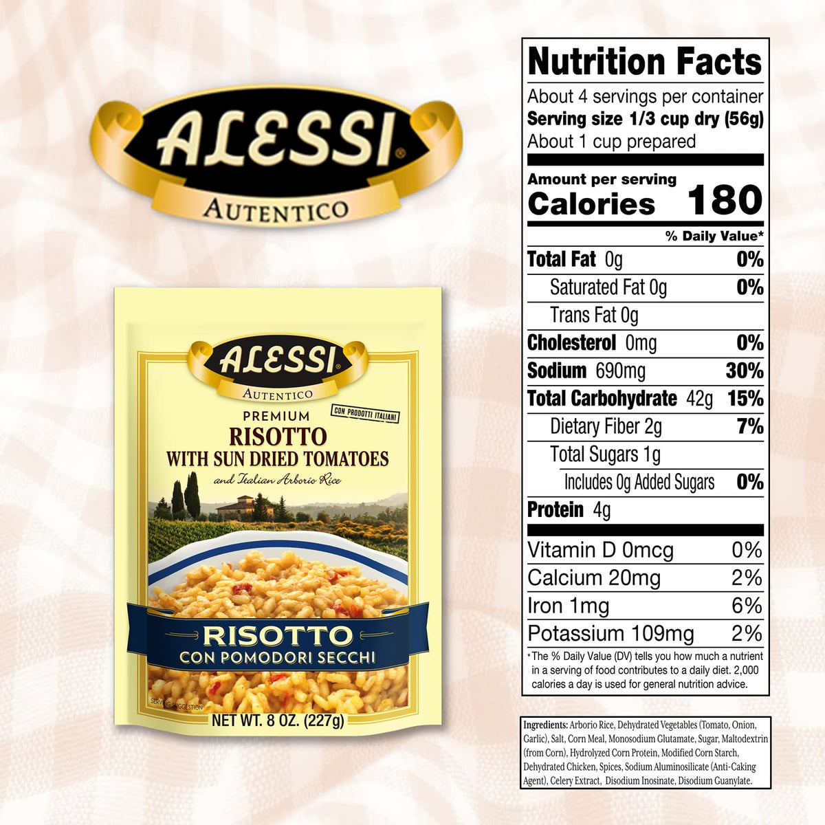 Alessi Autentico Premium Seasoned Risotto – Italian Arborio Rice with Sun-Dried Tomato, 8oz (Pack of 6)