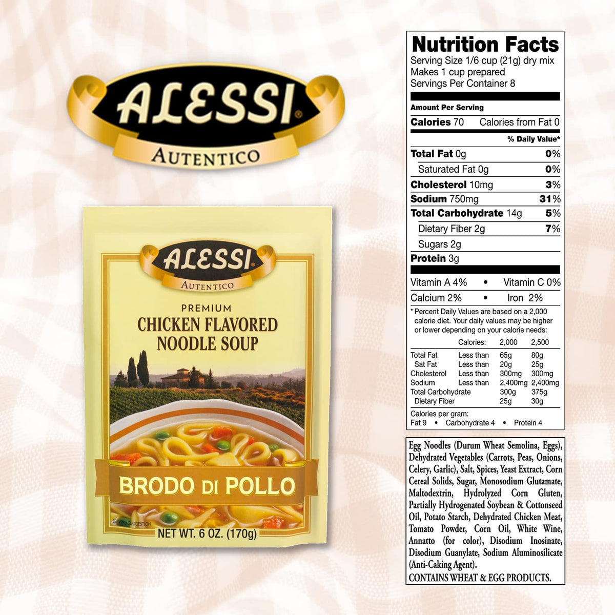 Alessi Autentico Premium Chicken Noodle Soup, 6oz Pack of 6 | Traditional Italian Flavor