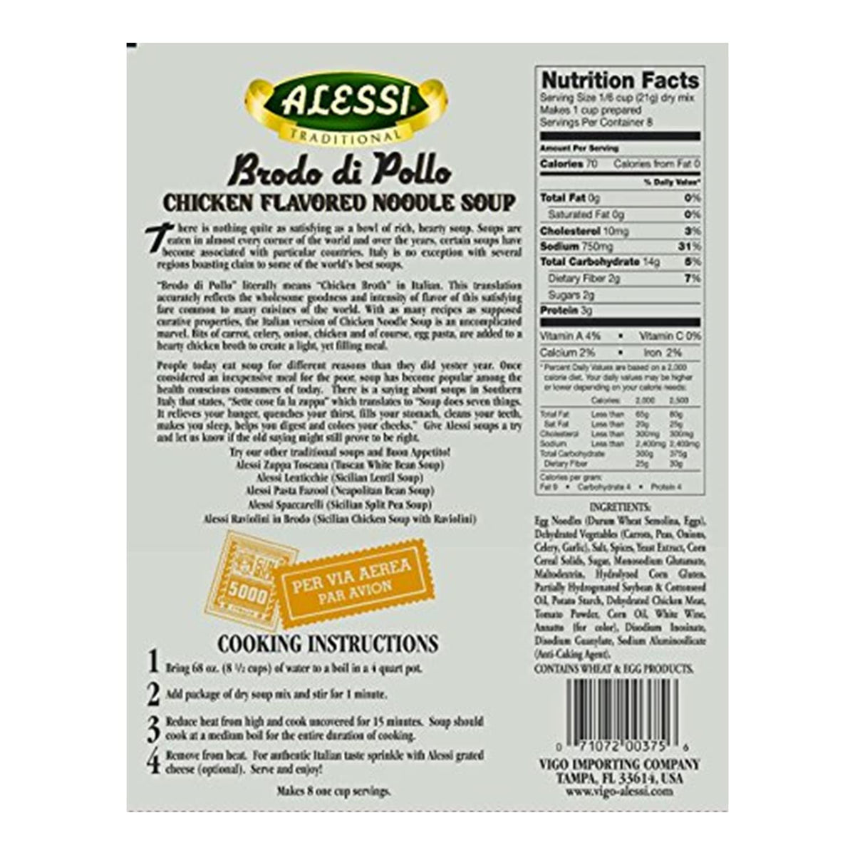 Alessi Autentico Premium Chicken Noodle Soup, 6oz Pack of 6 | Traditional Italian Flavor