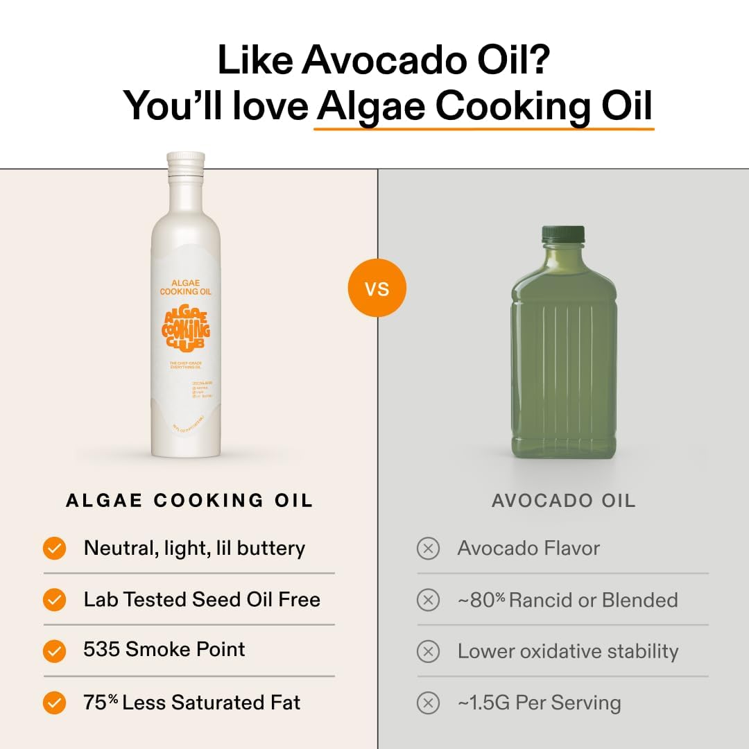 Algae Cooking Club Chef-Grade 100% Algae Oil | Avocado Oil Alternative, 535°F Smoke Point, Omega-9 Rich, Seed-Oil-Free (2 x 16 oz)