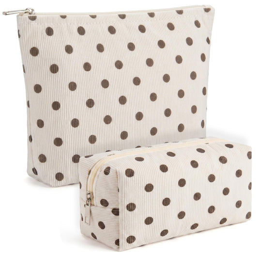 Aliceset 2 Pcs Makeup Bag Set Corduroy Cosmetic Pouch for Purse Large Travel Toiletry Bag Design Aesthetic Cotton Zipper Organizer for Women Gift Beauty Essentials(Polka Dot Beige)