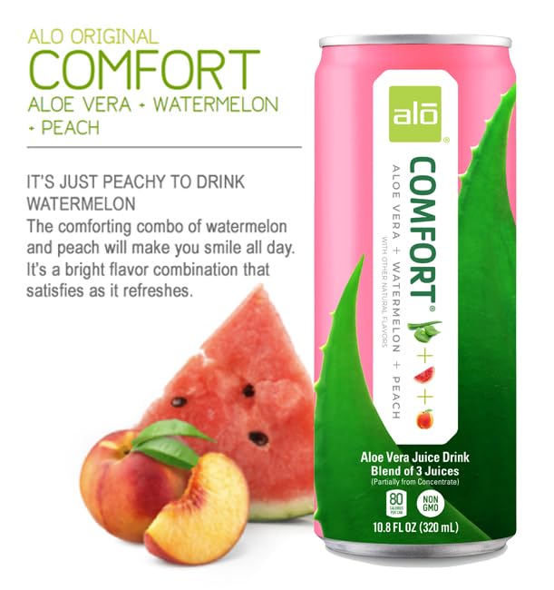 ALO Drink | ALO Comfort Aloe Vera Juice Drink with Watermelon & Peach – 12 Pack, 10.8 fl oz Cans