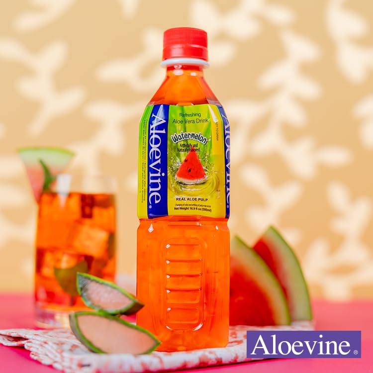 ALOEVINE Watermelon Aloe Vera Juice Drink with Real Aloe Pulp – 16.9 oz Bottles, 10 Pack