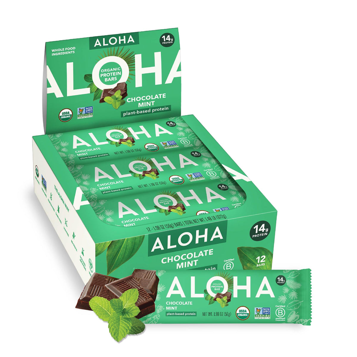 ALOHA Organic Plant-Based Protein Bars - Chocolate Mint, 1.98 oz (Pack of 12)