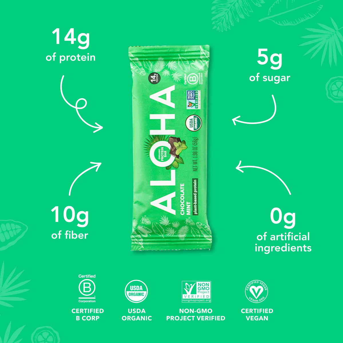 ALOHA Organic Plant-Based Protein Bars - Chocolate Mint, 1.98 oz (Pack of 12)