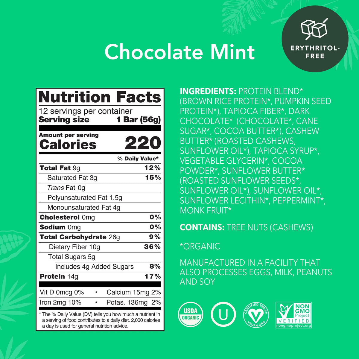 ALOHA Organic Plant-Based Protein Bars - Chocolate Mint, 1.98 oz (Pack of 12)