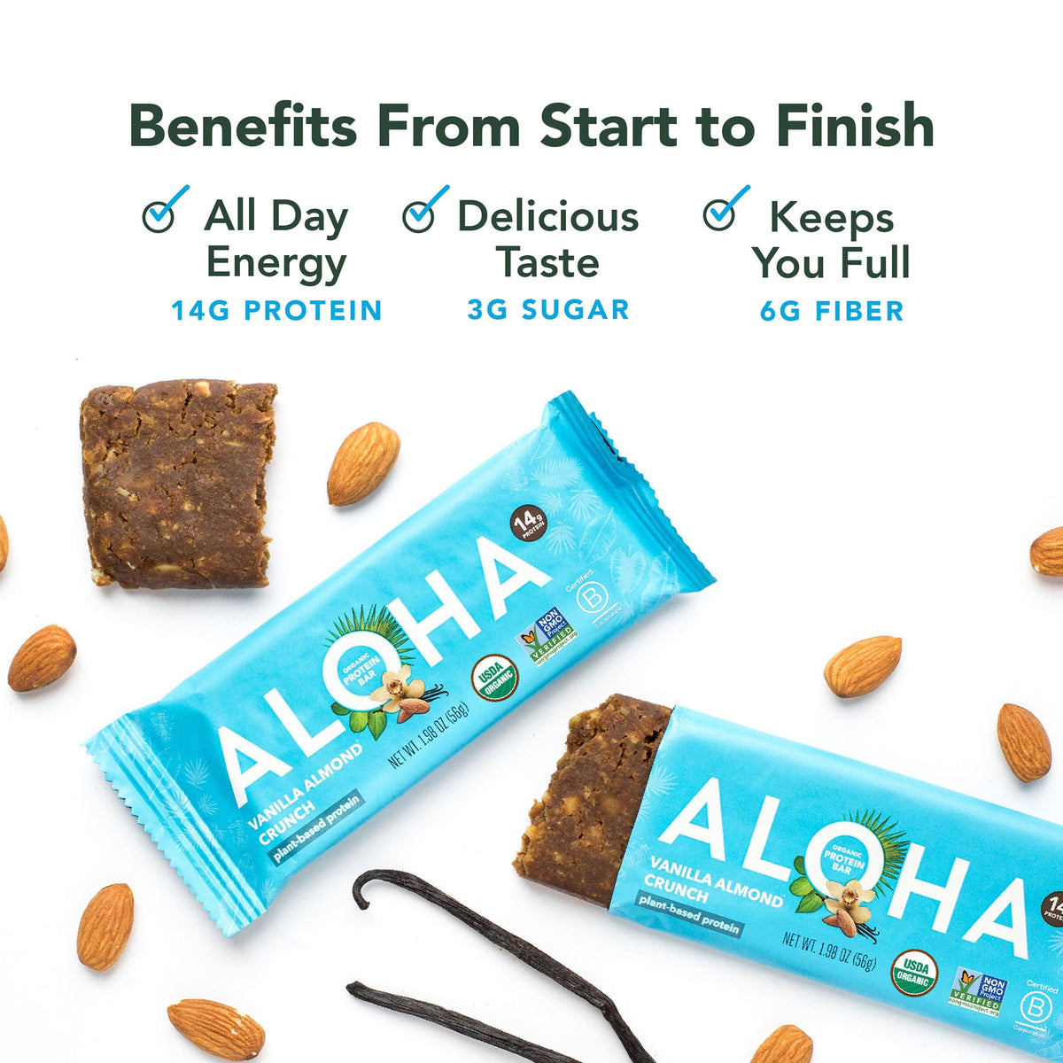 ALOHA Organic Plant-Based Protein Bars – Vanilla Almond Crunch, 1.98 oz, Pack of 12 | Vegan, Gluten-Free