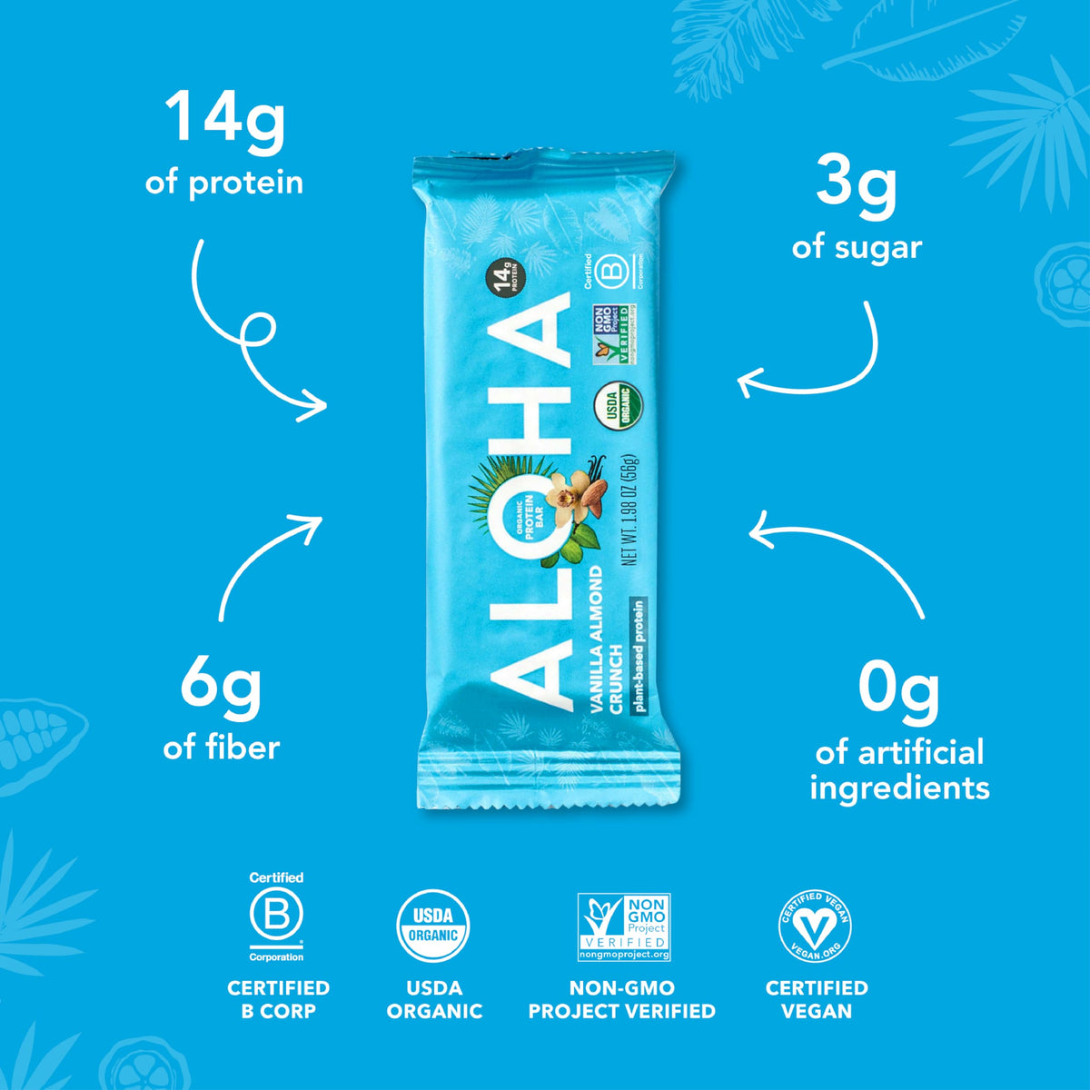 ALOHA Organic Plant-Based Protein Bars – Vanilla Almond Crunch, 1.98 oz, Pack of 12 | Vegan, Gluten-Free