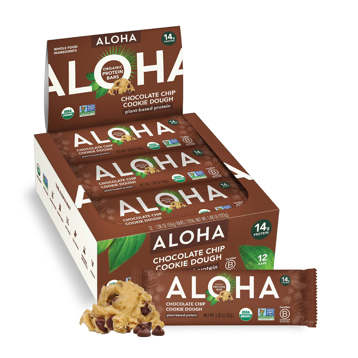 ALOHA Organic Plant-Based Protein Bars – Chocolate Chip Cookie Dough, 12-Pack (1.98 oz each)