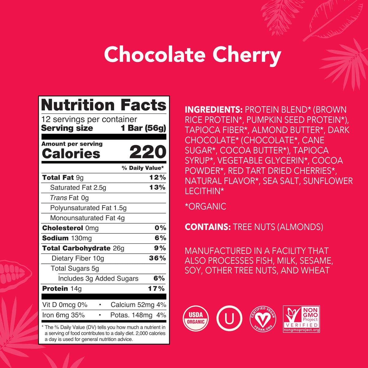 ALOHA Organic Plant Based Protein Bars - Chocolate Cherry (12 Bars) | 14g Protein, Low Sugar, Gluten-Free