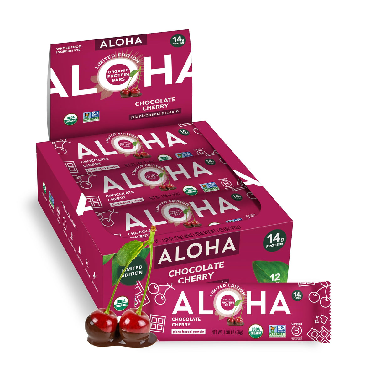 ALOHA Organic Plant Based Protein Bars - Chocolate Cherry (12 Bars) | 14g Protein, Low Sugar, Gluten-Free