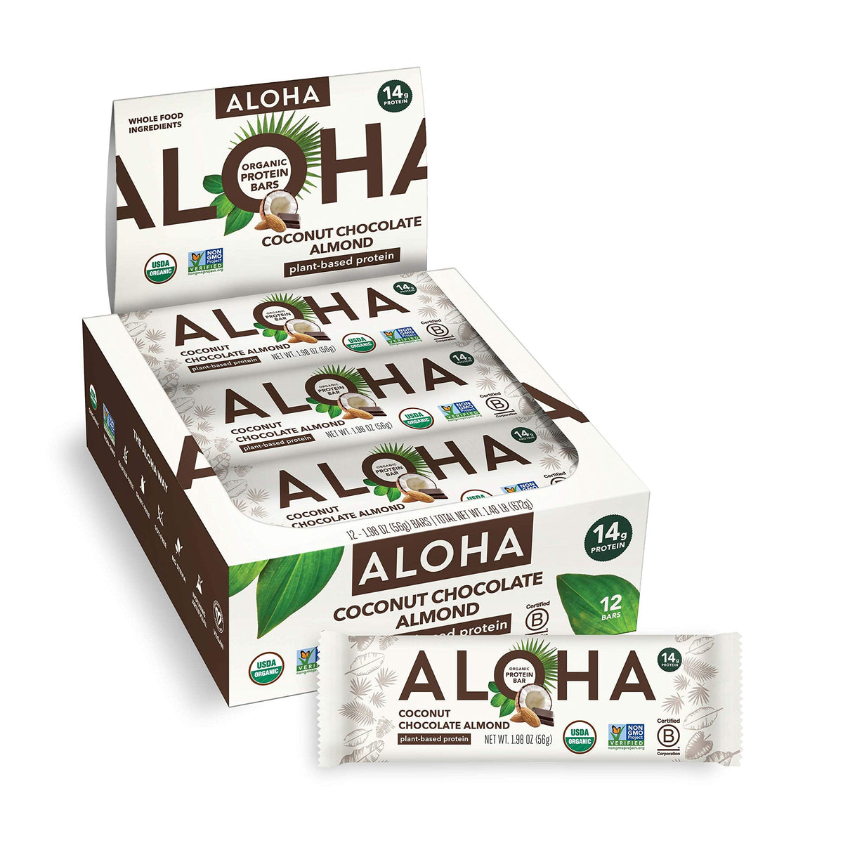 ALOHA Organic Plant-Based Protein Bars - Chocolate Coconut Almond, 12 Count | Vegan, Low Sugar, Gluten-Free, Low Carb, Non-GMO, No Stevia, No Erythritol