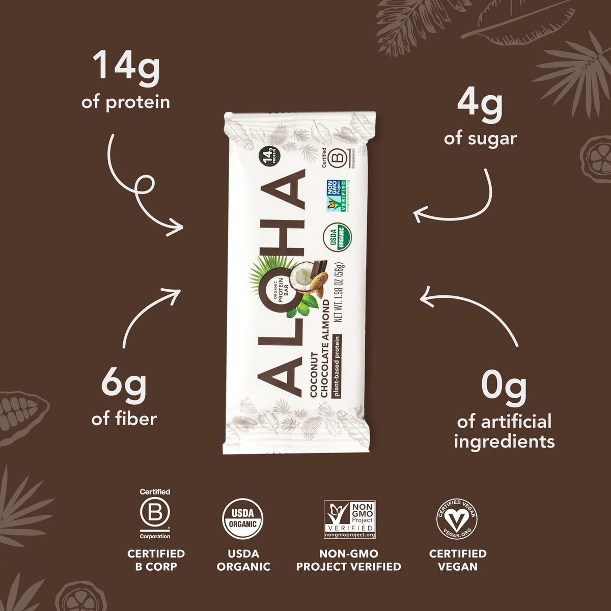 ALOHA Organic Plant-Based Protein Bars - Chocolate Coconut Almond, 12 Count | Vegan, Low Sugar, Gluten-Free, Low Carb, Non-GMO, No Stevia, No Erythritol