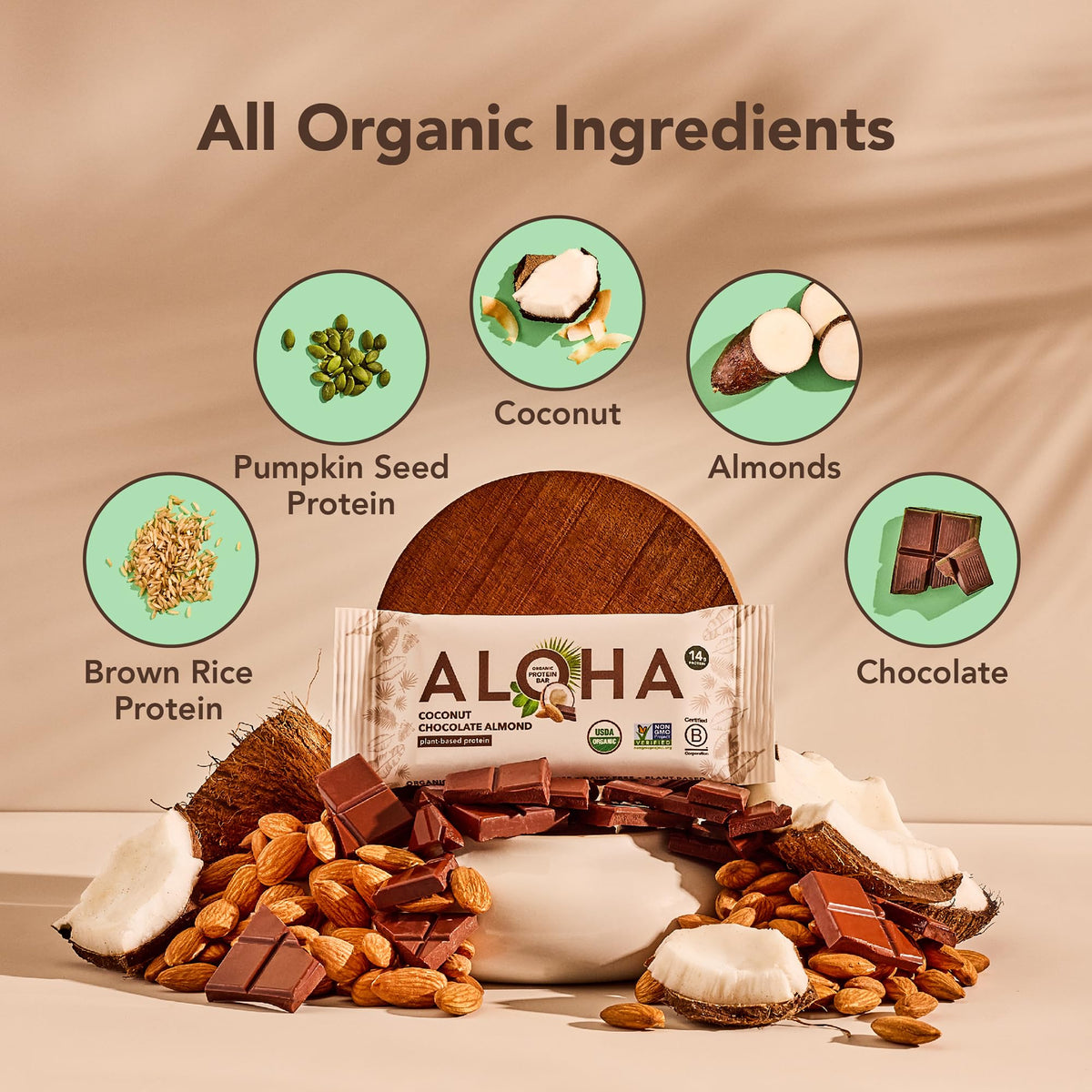 ALOHA Organic Plant-Based Protein Bars - Chocolate Coconut Almond, 12 Count | Vegan, Low Sugar, Gluten-Free, Low Carb, Non-GMO, No Stevia, No Erythritol