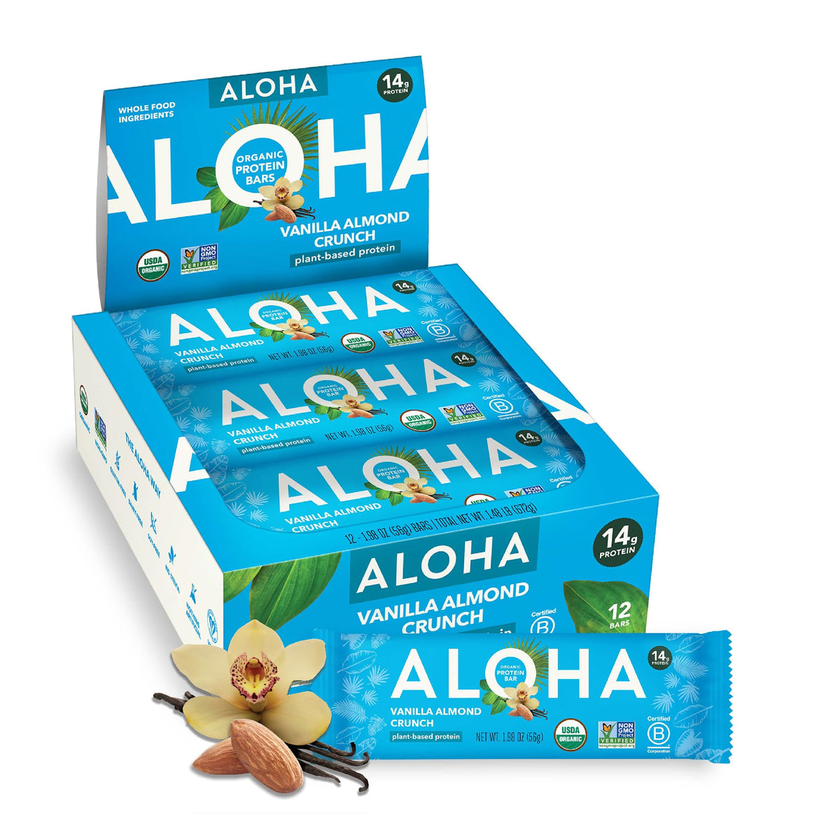 ALOHA Organic Plant-Based Protein Bars – Vanilla Almond Crunch, 1.98 oz, Pack of 12 | Vegan, Gluten-Free