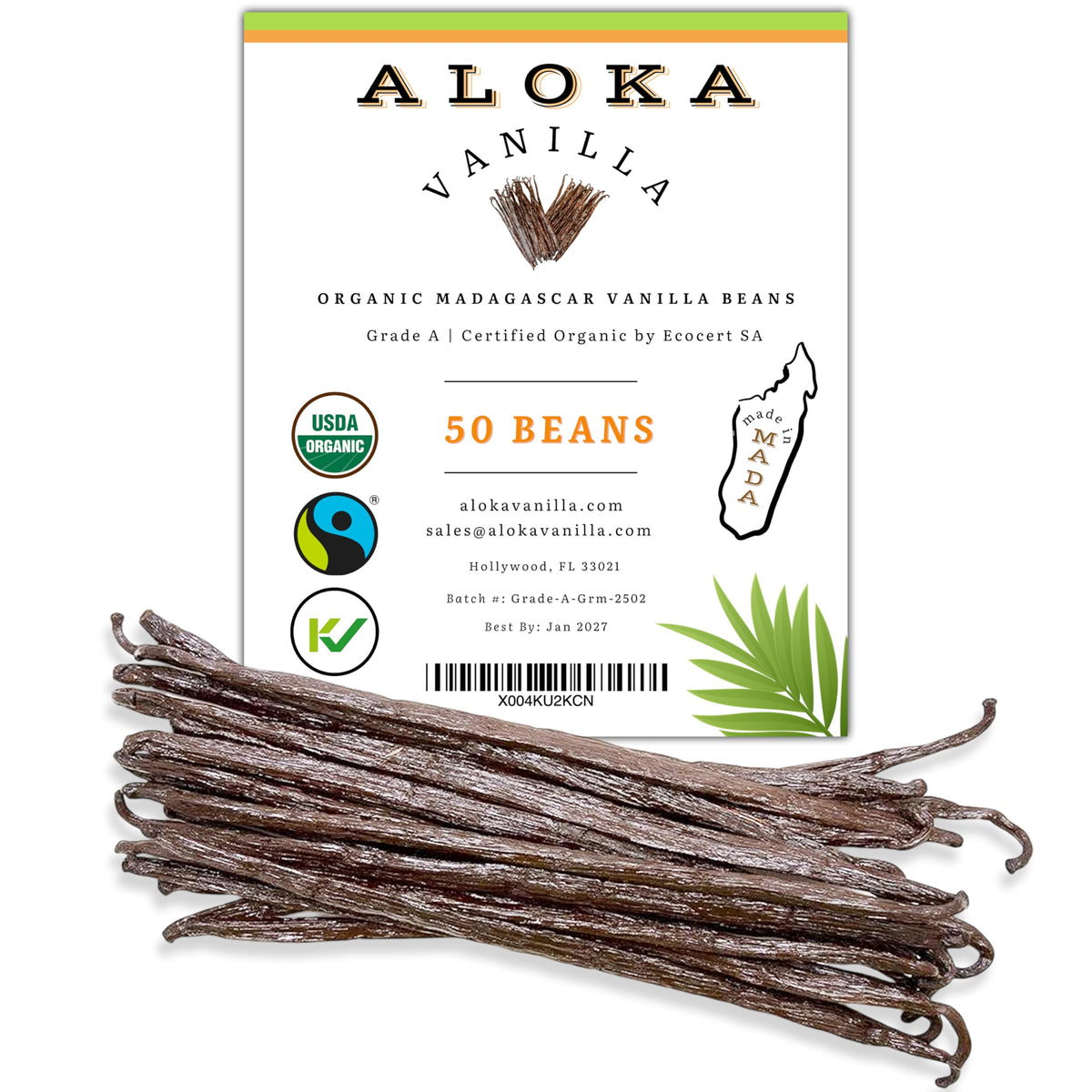 Aloka Vanilla – 50 Count Organic Madagascar Vanilla Beans, Grade A Bourbon Pods