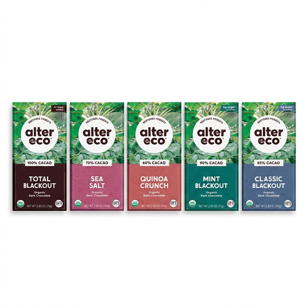 Alter Eco Dark Chocolate Variety Pack 5pk – Blackout 85%, Quinoa Crunch, Sea Salt Organic, Superdark Mint, 100% Cacao