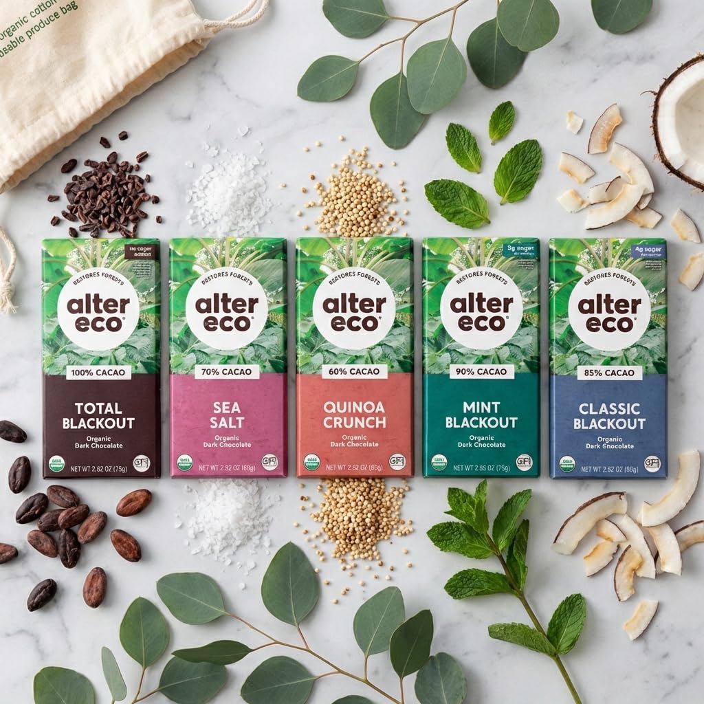 Alter Eco Dark Chocolate Variety Pack 5pk – Blackout 85%, Quinoa Crunch, Sea Salt Organic, Superdark Mint, 100% Cacao