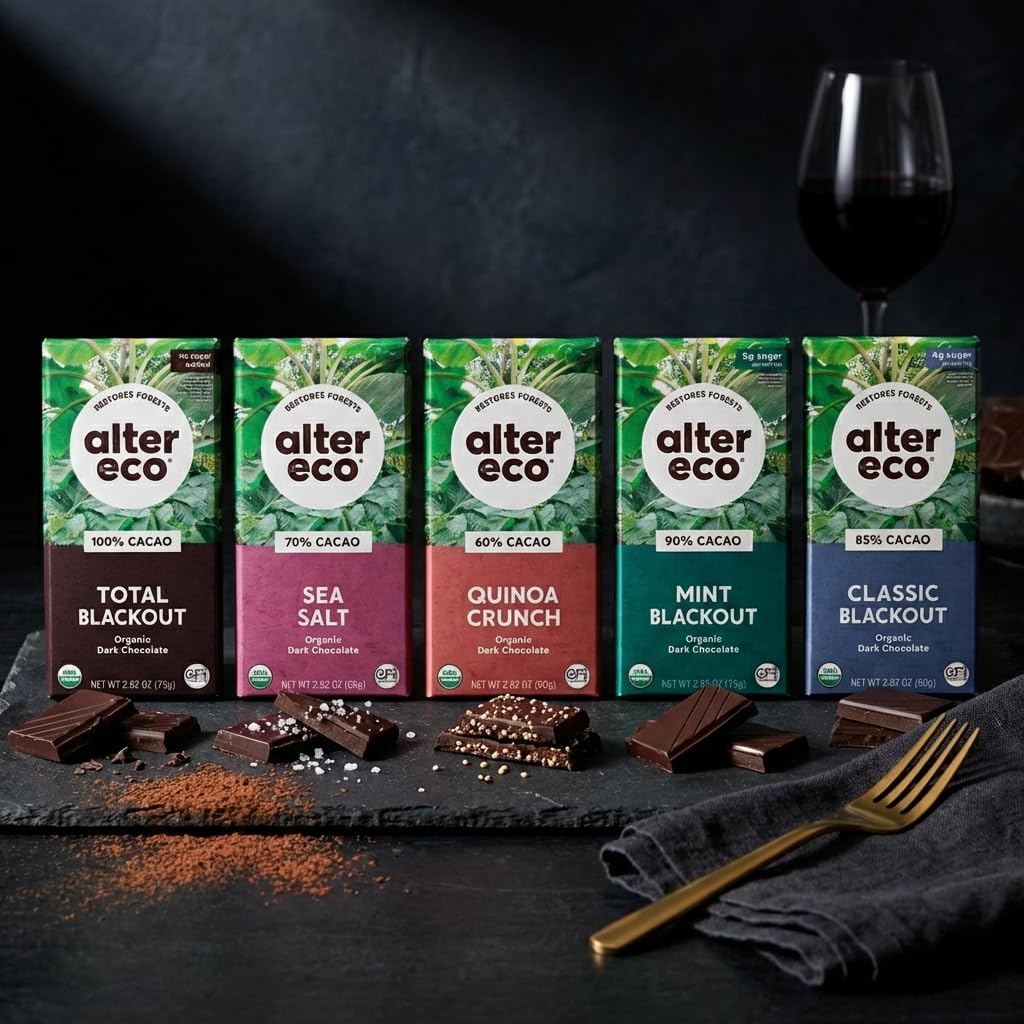 Alter Eco Dark Chocolate Variety Pack 5pk – Blackout 85%, Quinoa Crunch, Sea Salt Organic, Superdark Mint, 100% Cacao