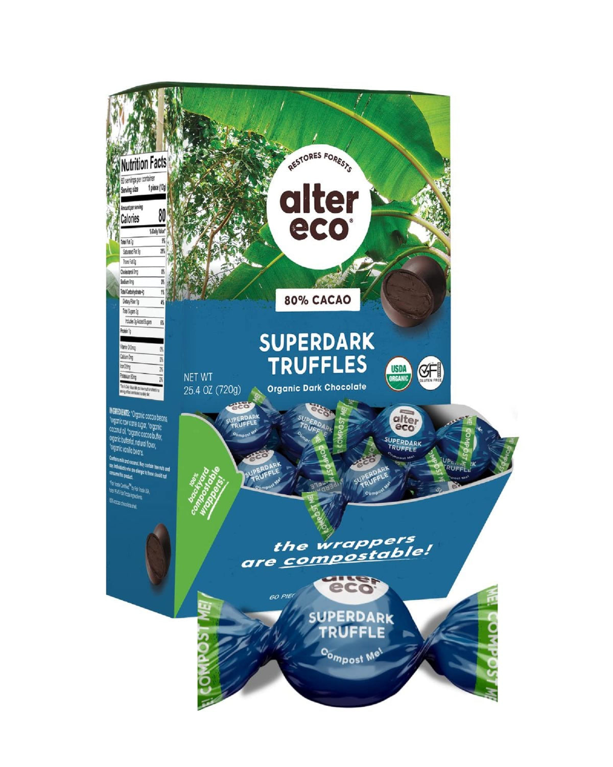 Alter Eco SuperDark Truffles | Pure Dark Cocoa, Organic & Fair Trade, Non-GMO, Gluten Free - 60 Truffles